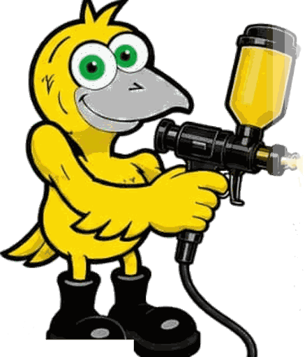 Kanarie’s mascot holding a spray gun