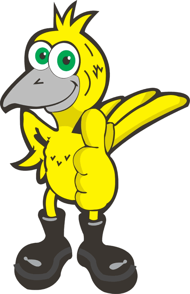 Kanarie's mascot, a yellow canary in work boots giving a thumbs up